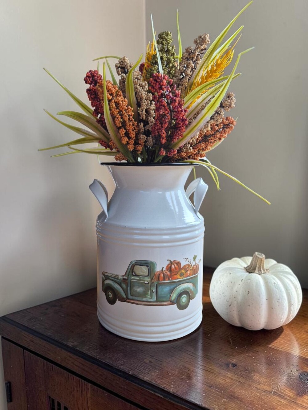 Rustic Farmhouse Fall Harvest Milk Can Floral Arrangement Centerpiece